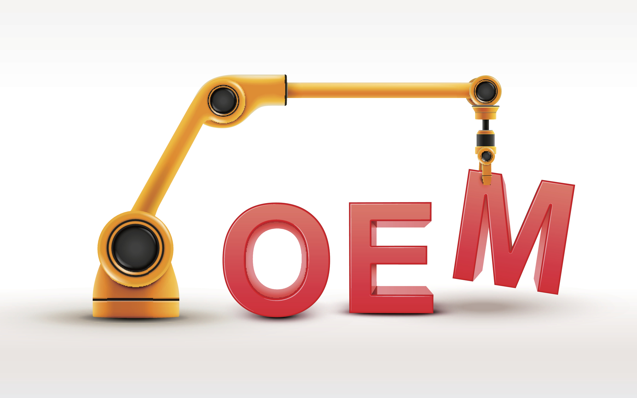 industrial robotic arm building OEM word on white background